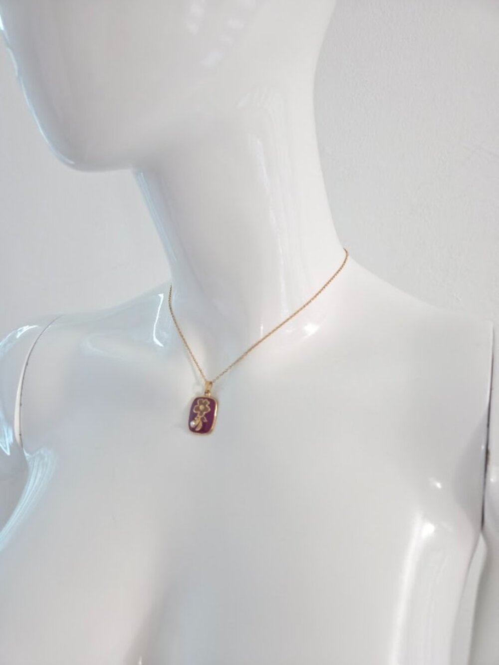 Gold Purple Enamel Flower Pendant Necklace Dainty Pearl Accent Jewelry - Picture 10 of 13